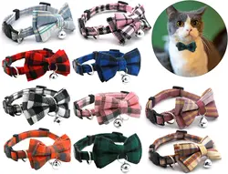 Pet Breakaway Cat Collar Bow Tie and Bell Cute Plaid Christmas Red Elastic Adjustable Dog Collar with Sash Small Bell for Cats