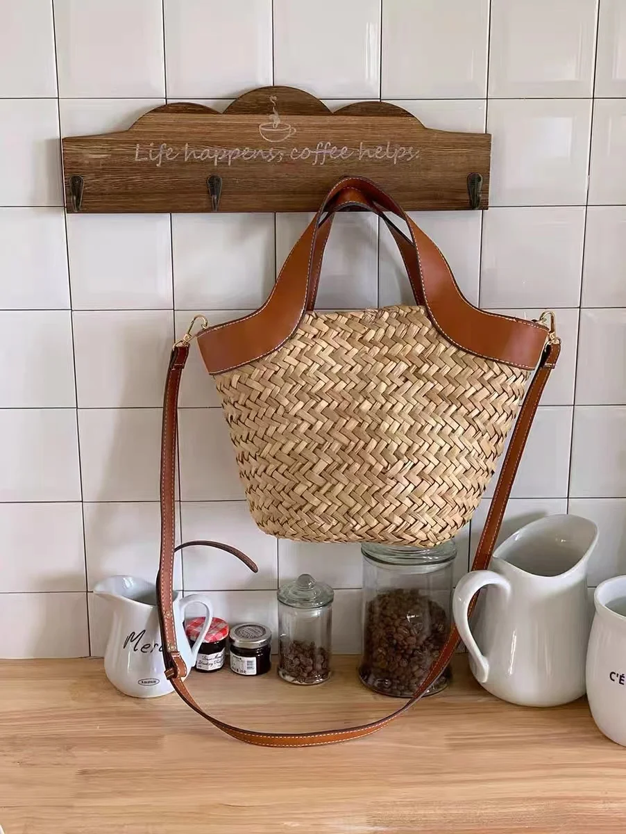 Summer Straw Woven Handmade Bucket Bag Women Fashion Handbag Lady Purse Female Shoulder Messenger Bag Holiday Vacation Beach Bag