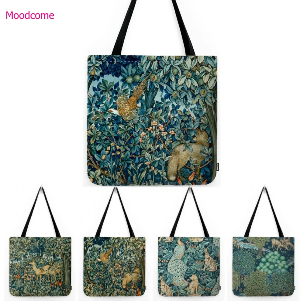 Clássico reino unido design william morris walter guindaste padrão animal lebre pavão raposa coelho floresta azul linho bolsa de ombro