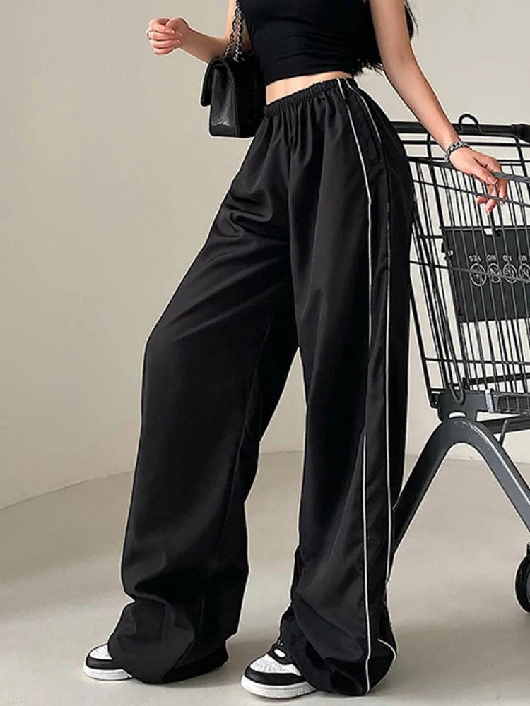 Weekeep Baggy Black Sweatpants Basic Low Rise Pants Side Stripe Patchwork Jogging Trousers Women Streetwear y2k Aesthetic Capris