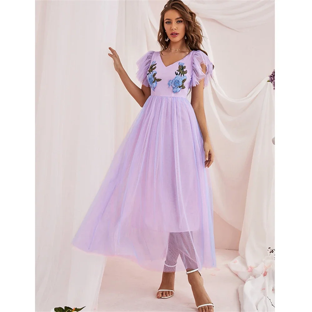 Einfarbig V-ausschnitt Kurzarm Midi Kleid Frauen Sommer Sommerkleid Elegante Süße Hochzeit Fee Stil Party Kleider Applikationen Kleid