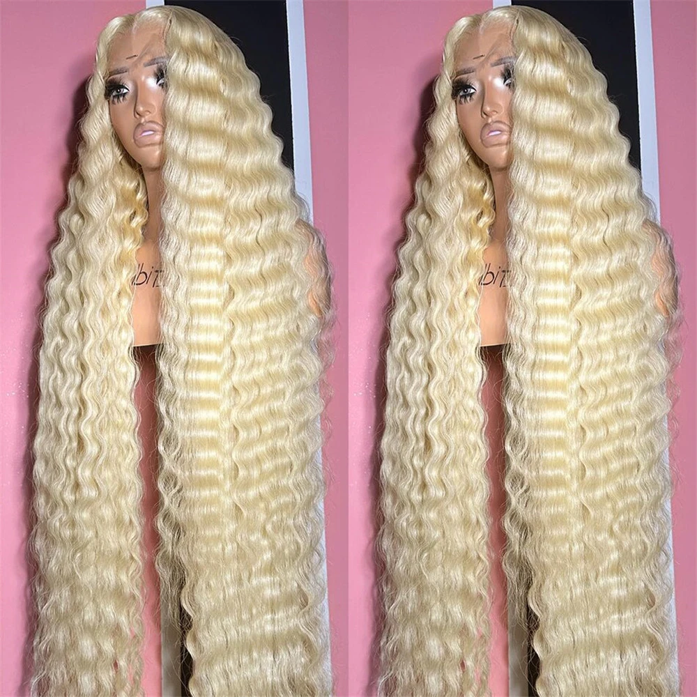 Perruque Lace Front Wig frisée naturelle, cheveux humains, Deep Wave, blond miel 180, 13x4, 32 pouces, 613 de densité, pour femmes