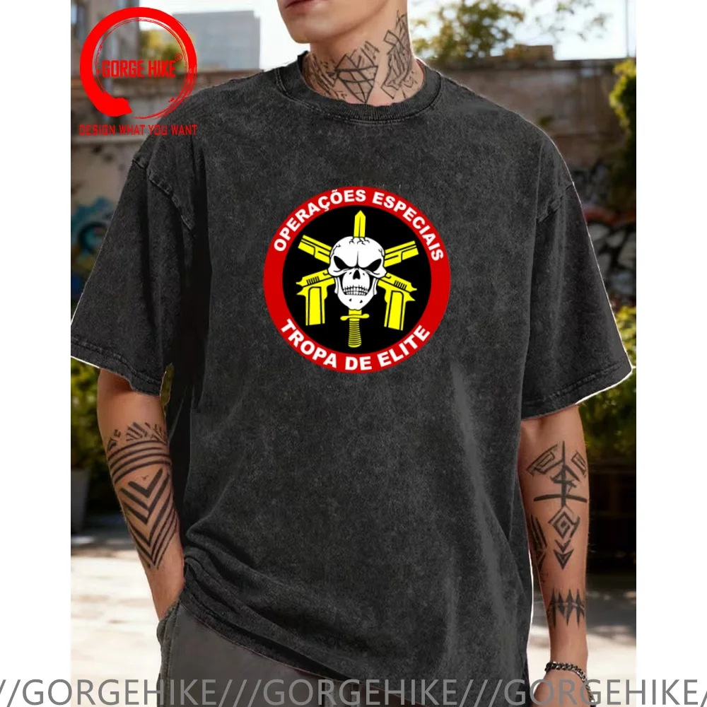Vintage Washed Cotton T-Shirt Funny Designer BOPE Batallon Ops Policiales Especiais logo T Shirt Men Fashion Trendy Casual