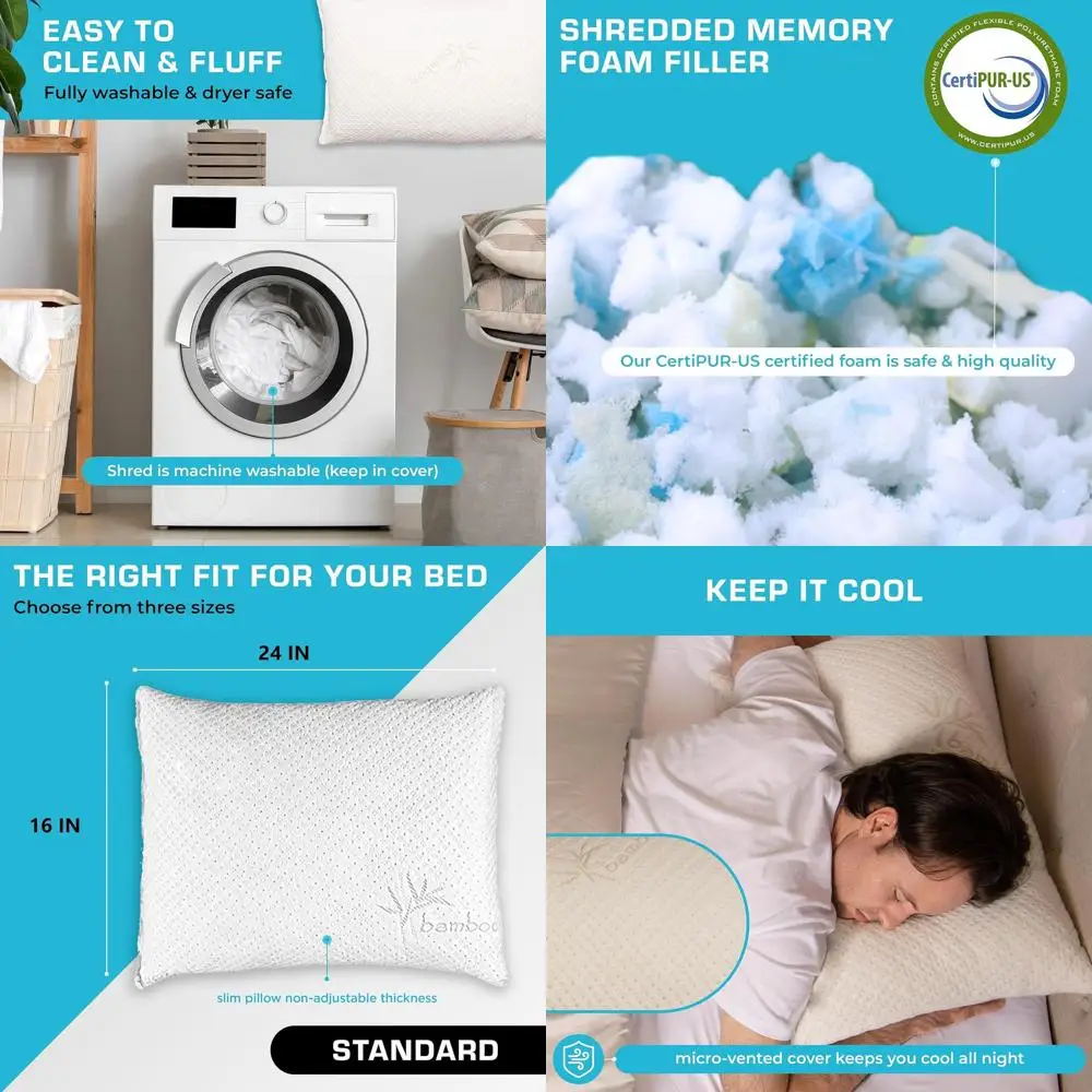 

USA-Made Memory Foam Pillows - Standard Slim Cooling for Side, Back, and Stomach Sleepers