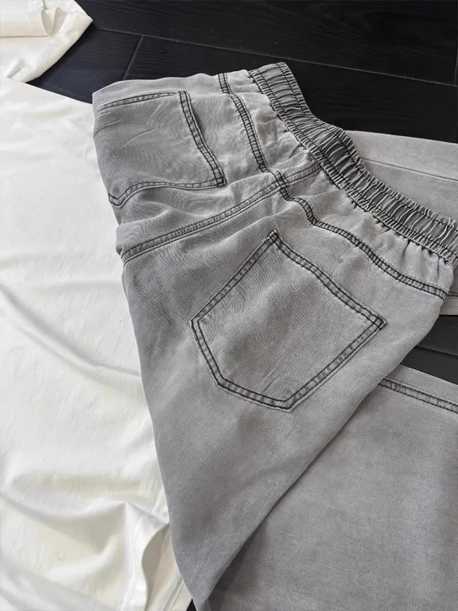 E ey الجليد الحرير الجينز الرجال الصيف مرونة الخصر واسعة الساق السراويل الطويلة الأمريكية الرجعية خفيفة الوزن مستقيم الساق السراويل #4