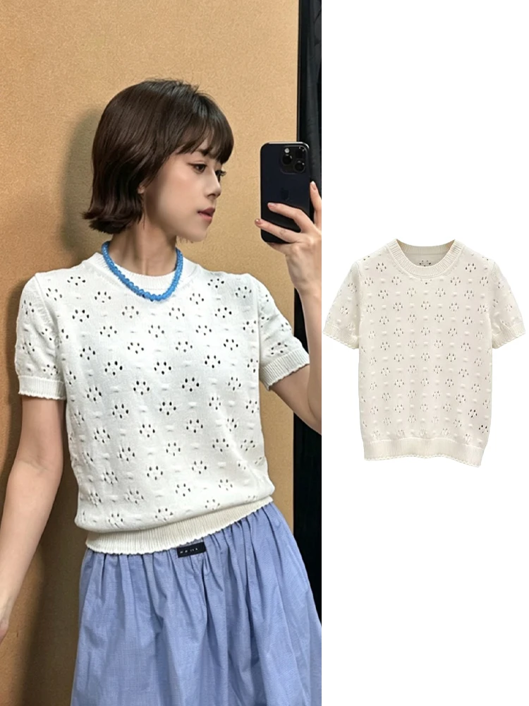 

White Knitted Hollow out Embroidery T-Shirt Women's Slim Fit Short Sleeve round Neck Top Breathable Comfortable Summer Fashion