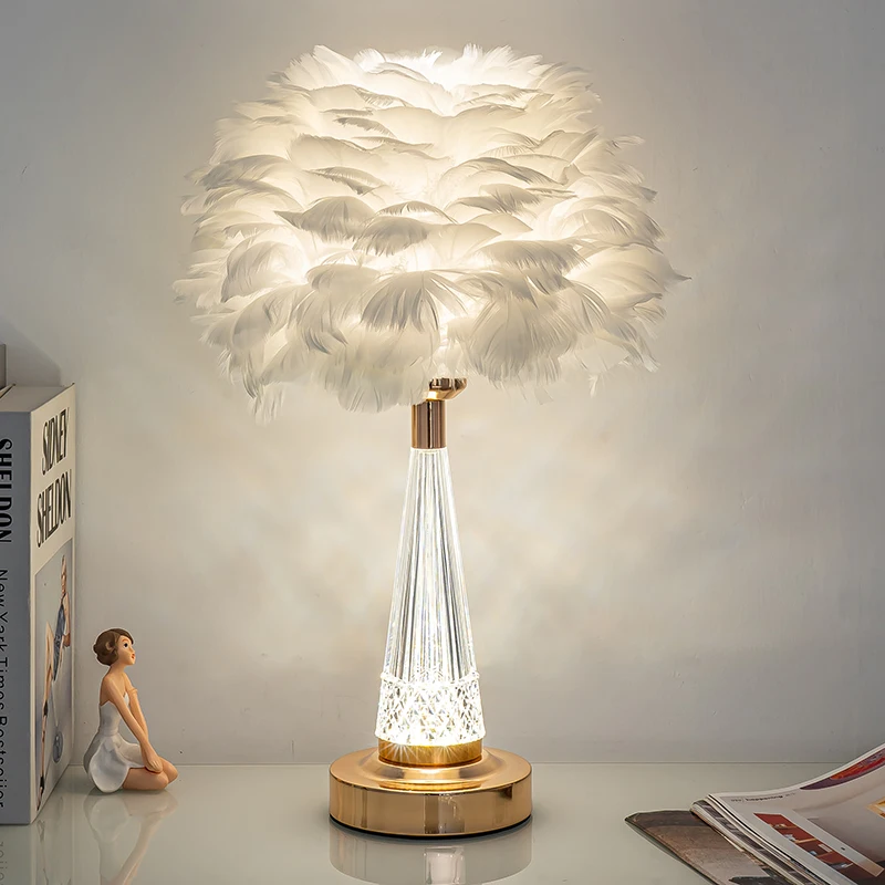 Table Lamp Feather Lamp Master Bedroom Princess Room Light Luxury Romantic Bedside Table Lamp Dimming