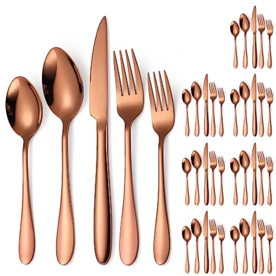 

Copper Flatware Set 8 Stainless Steel Silverware 40 Pieces include Forks Spoons Knives Heavy Duty Durable for Home Kitchen l Pa