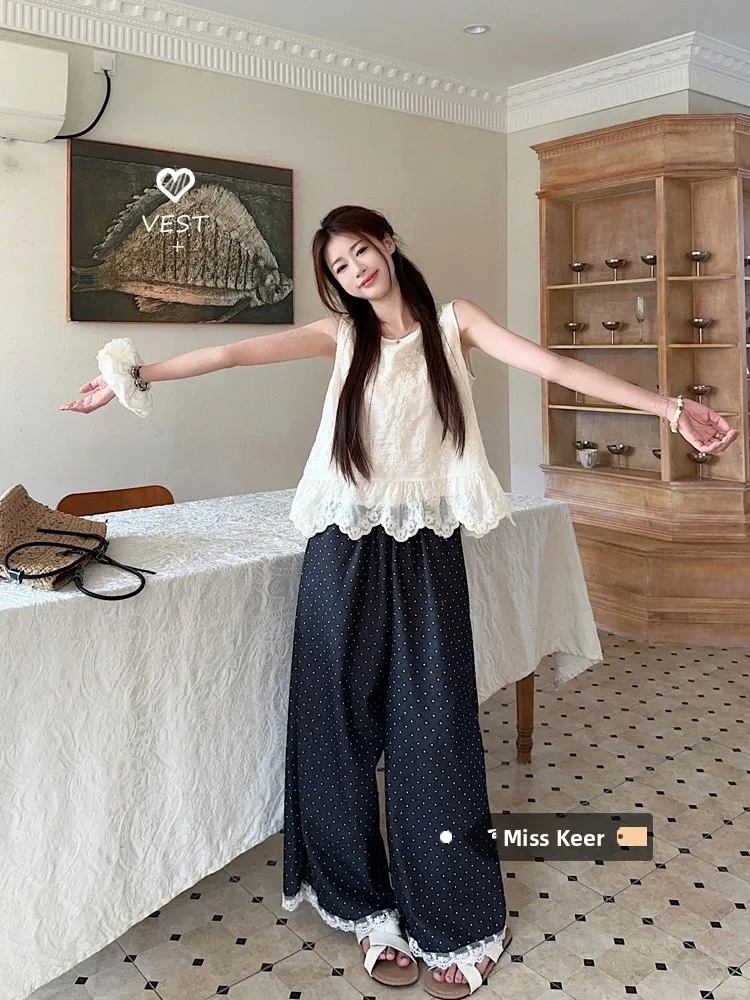 

Sweet Lace Embroidery Ruffle Bordered Polka Dot Wide Leg Pants Women's Fashion Set Summer New Style Trendy Two-Piece Suit