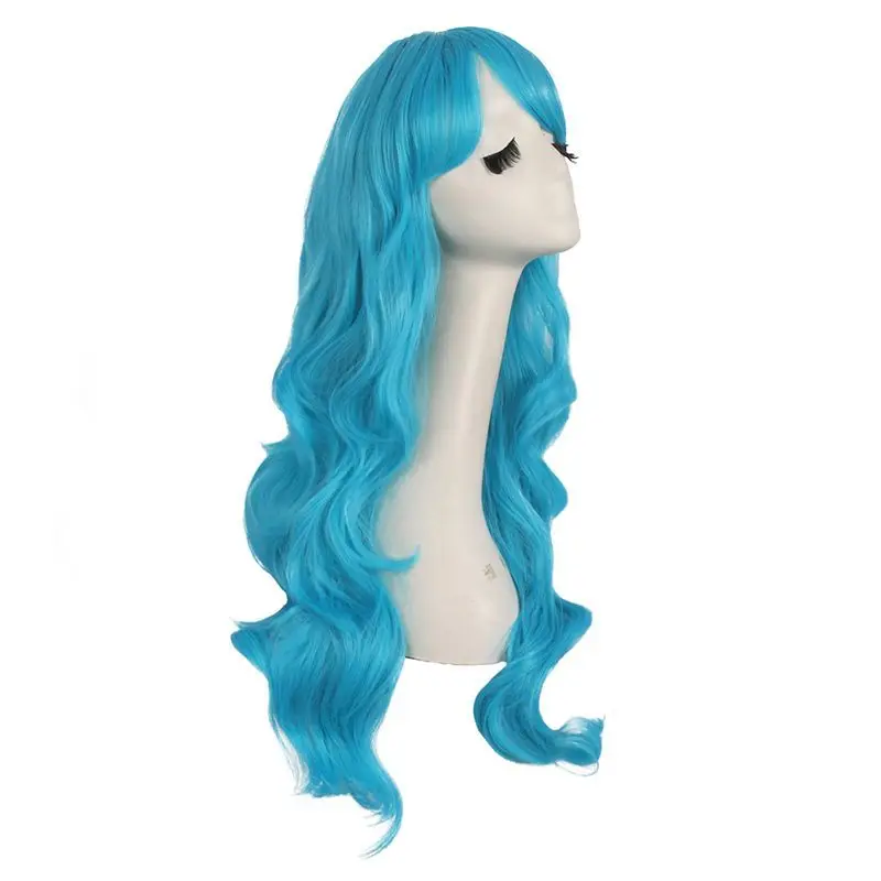 Tongmancos شعر مستعار طويل مع تجعيد طفيف، موجات كبيرة رقيق، شعر طويل مجعد على الطراز الياباني أزرق كامل الرأس 70 سم