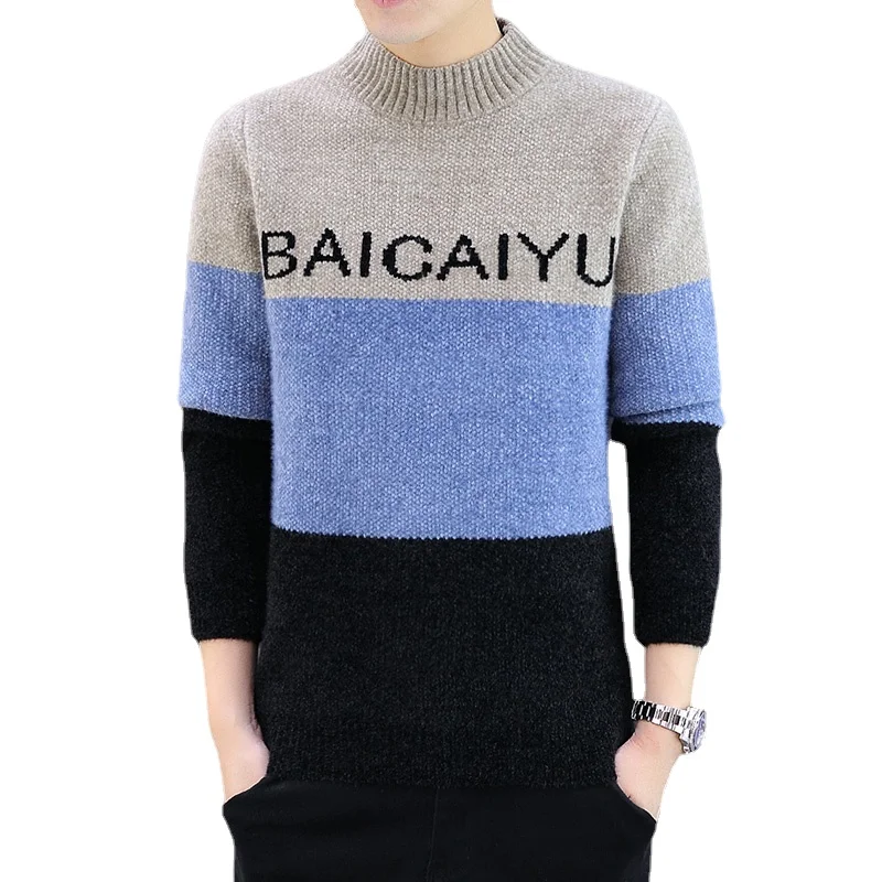 New Arrival Fashion Men's Sweater Letter Alphabet Patterned Round Collar Long Sleeve Mixed Color Slim Fit Korean Style Pullovers