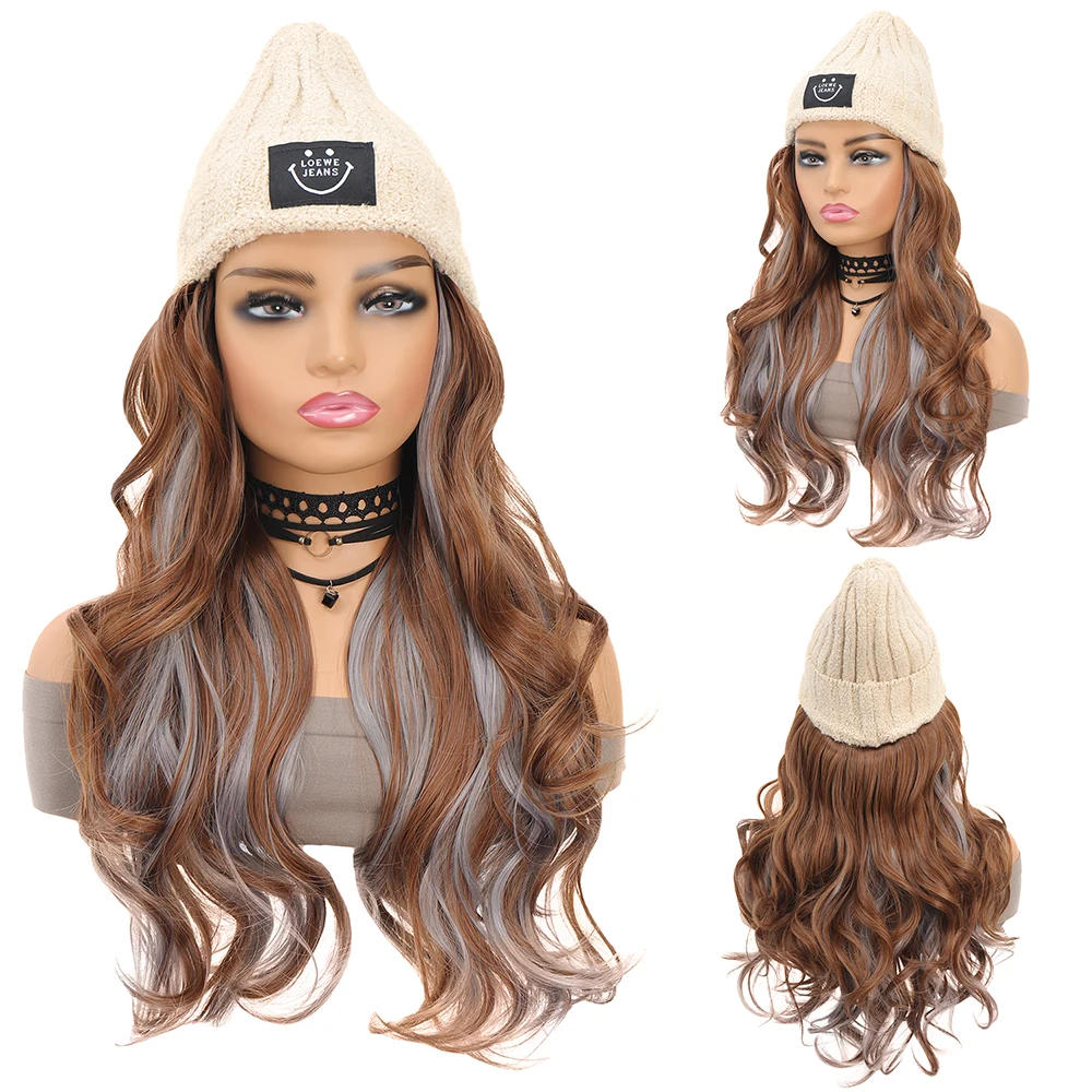 Beanies Hat With Hair Wigs For Women 18 inch Long Straight Hair Synthetic Wig Warm Soft Ski Knitted Autumn Winter Cap