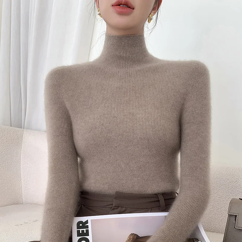 Autumn and winter new 100% pure wool women's semi-turtle neck with slim temperament bottoming sweater.