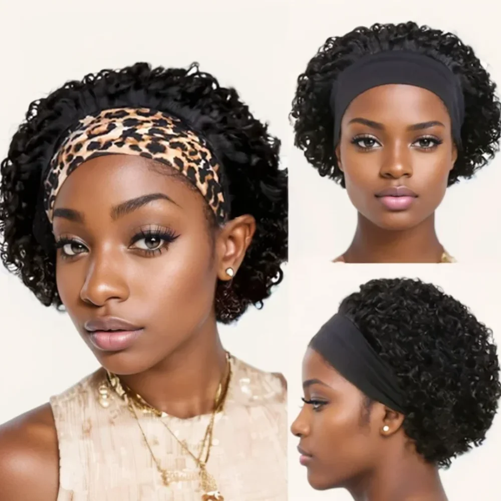 

headband wig 6inch natural black color 150% density remy hair wig short curly pixie cut human hair wig for women daily use wig