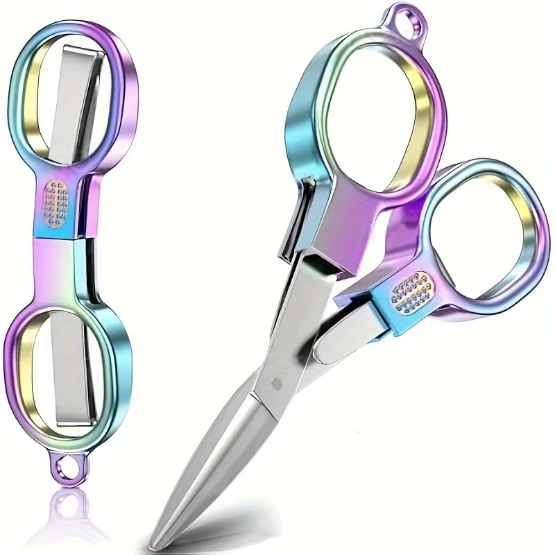 

1pc Folding Scissors Rainbow Colored Sharp Polishing Blade Ergonomic Design Portable Travel Stainless Steel Fishing Scissors
