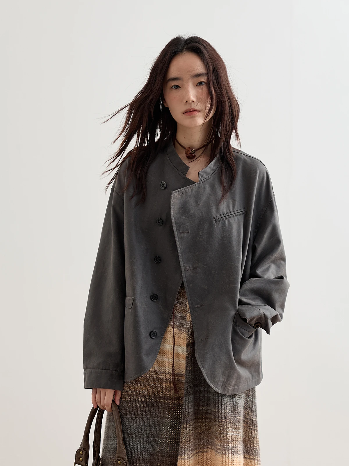 

Новый китайский кожаный джет с завышенной талией, женский весенне-осенний текстура Sensation Octopusme Commute Sle, свободный крой, деталь на пуговицах