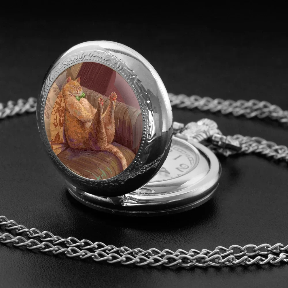 Lazy Cat Fun Pattern Pocket Watch - Glass Dome Quartz, Durable Chain for Easter Gift