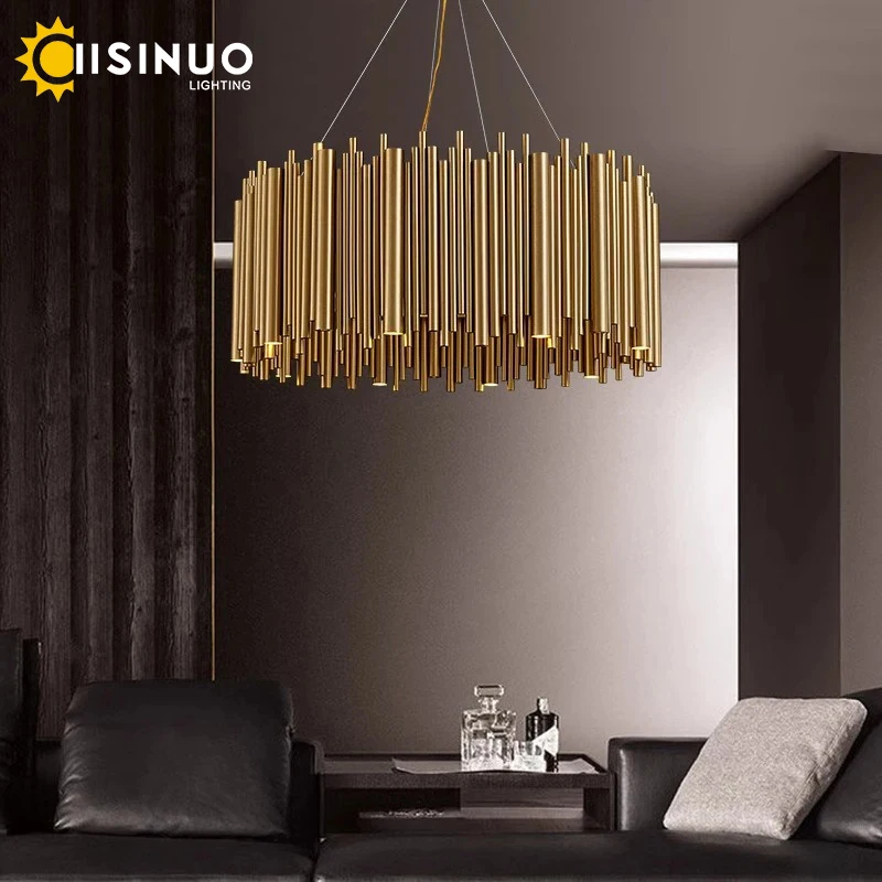 Post Modern Stainless Steel Pendant Light Gold Aluminum Alloy Tube Ceiling Light Suspension Luminaires for Villa Hotel Lobby Dec