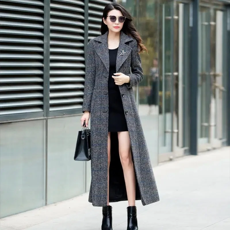 Fashion Plaid  Coat Women's 2022 Autumn/Winter New Super Long Self-cultivation Temperament Coat Women's Over-the-knee Windbreake