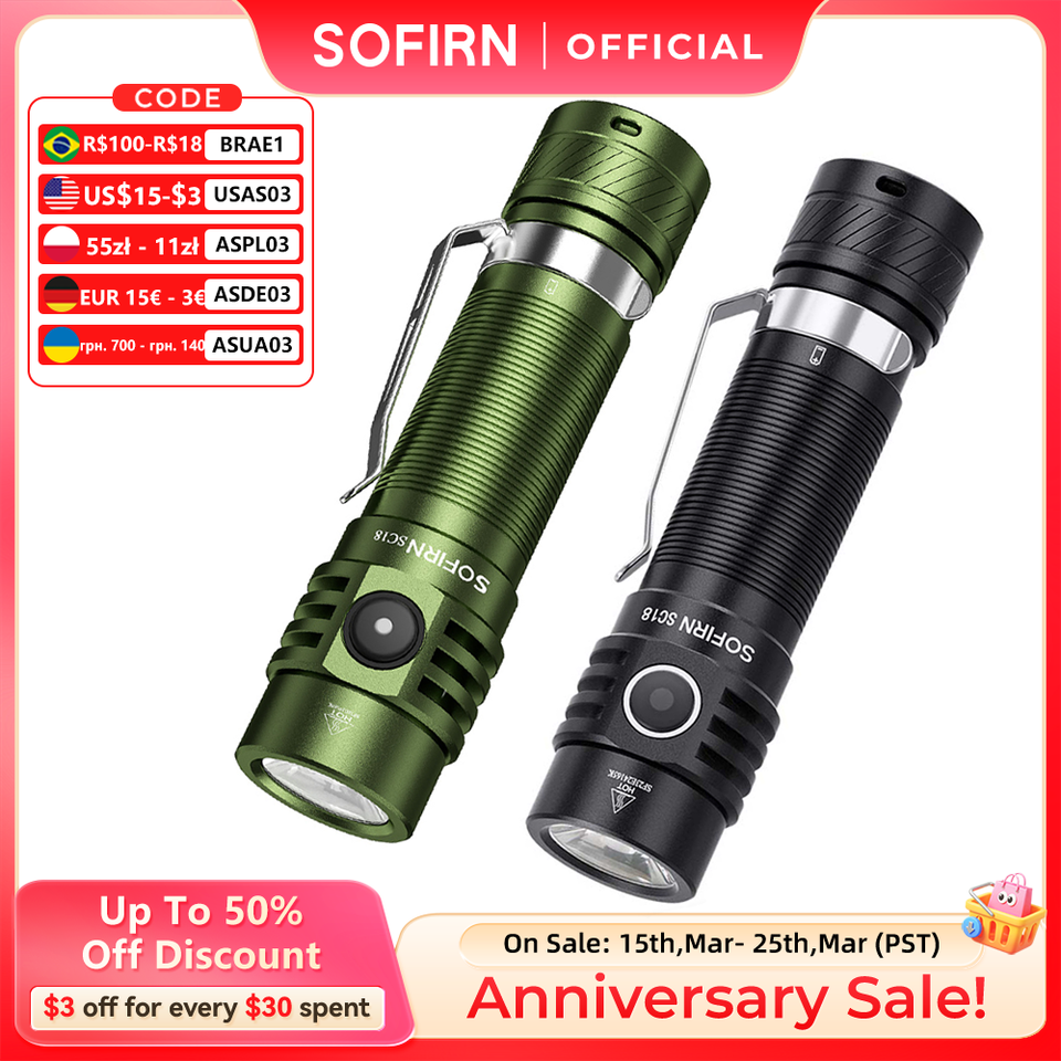  Sofirn SC18 1800lm EDC Flashlight USB C Rechargeable SST40 LED 18650 Torch TIR Optics Lens Lantern with Power indicator 