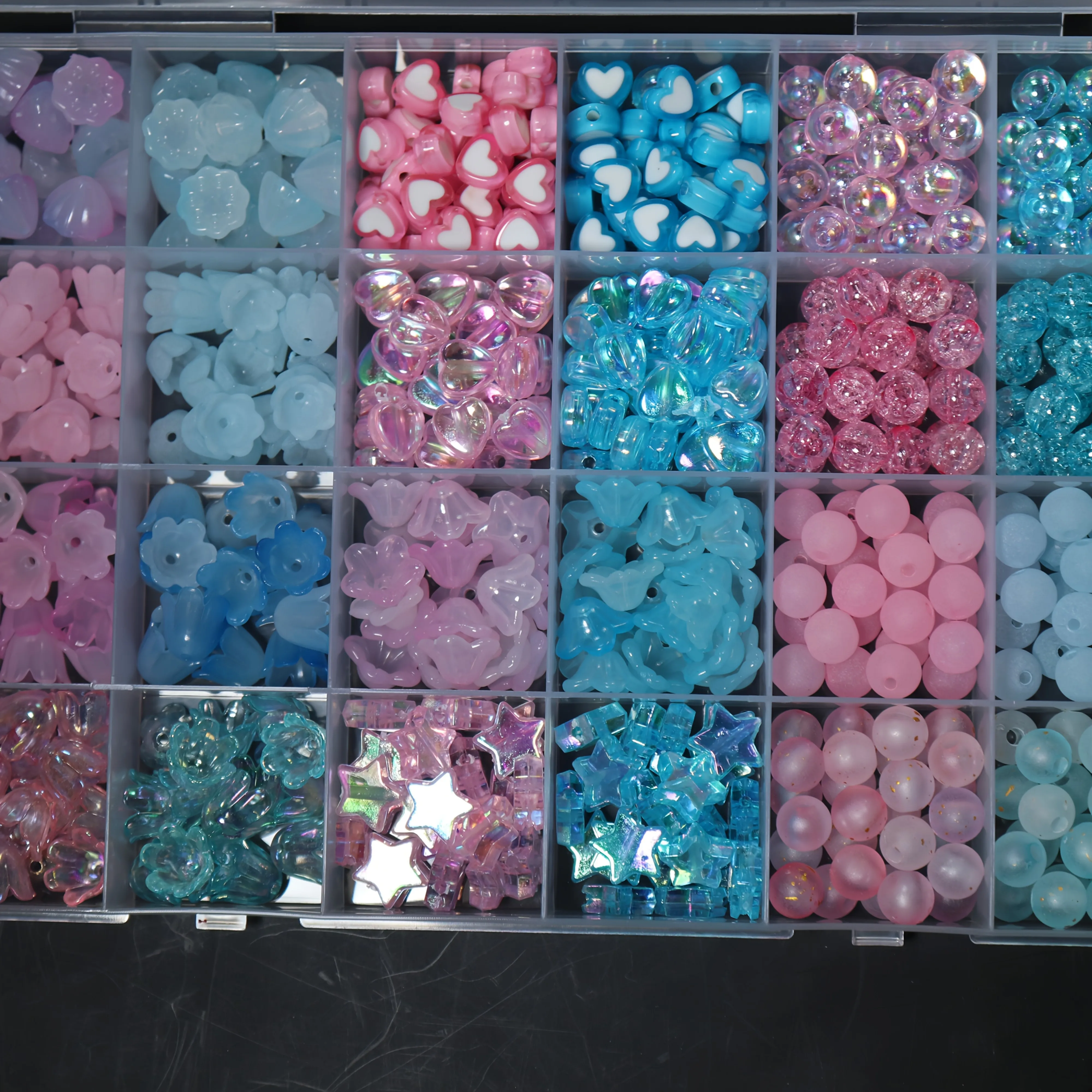 550pcs 24 Box Set of Blue Pink Series Beads Acrylic Beads, Two Rolls of Elastic Thread DIY Jewelry Making Kit