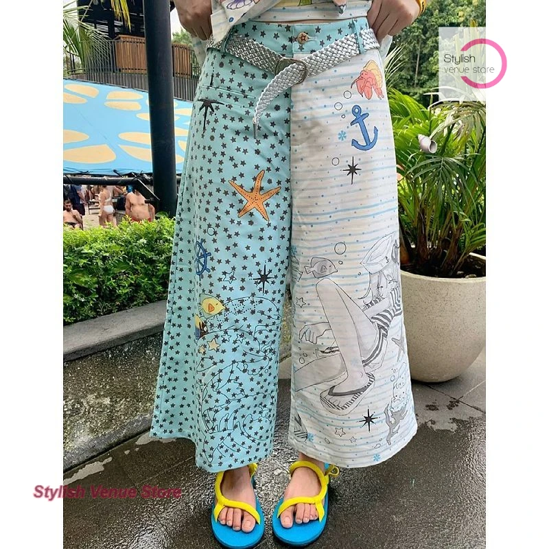 

American plus size washed and contrast printed cropped trousers for women's summer fashion straight loose slim wide leg pants.