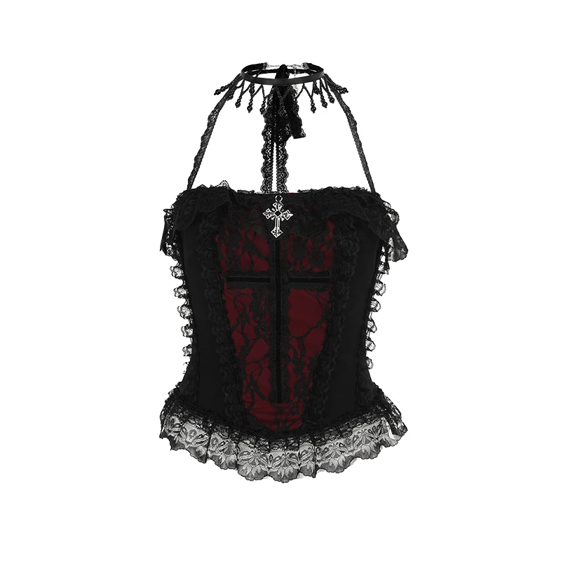 Sexy Goth Cross Lace Trim Halter Backless Camis Top Y2K Vintage Aesthetic Sleeveless Corset Crop Tops Women Tank Top Halloween