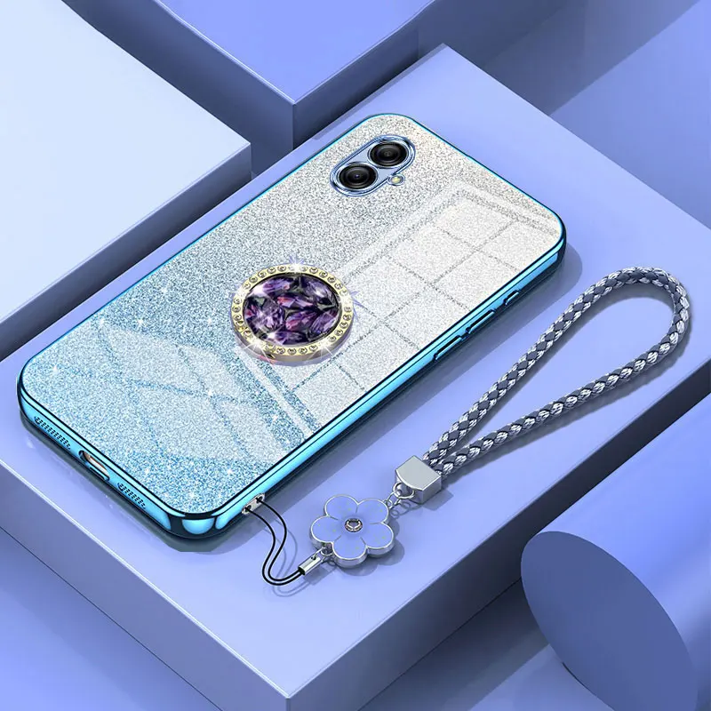 A04E Luxury Glitter Case with Ring For Samsung galaxy A04E A04s A02 A13 A03 A03s Cover with Lanyard Shockproof Holder Case A04 E