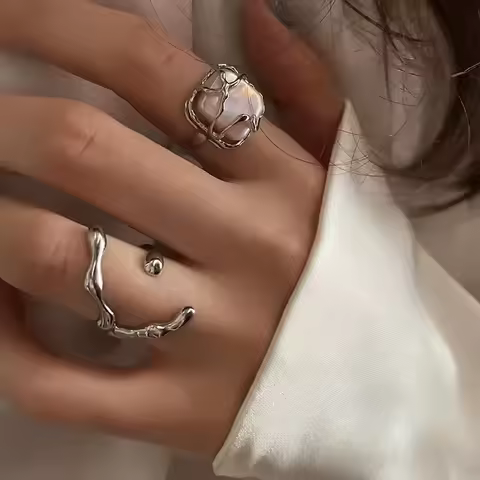 Gothic Punk Pearl Irregular Twining Rings for Women Vintage Silver Color Adjustable Ring Set Ins Style Jewelry 2025