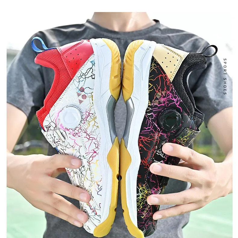 Badminton shoes men's leather surface rotating button feather shoes large size training sneakers breathable