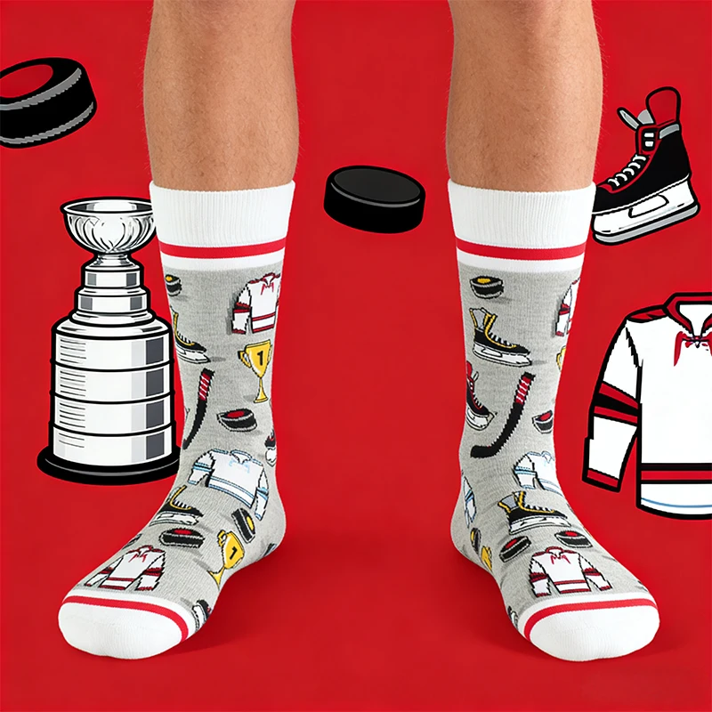 

1 пара мужских носков до середины икры с хоккейной тематикой — спортивные повседневные носки из трофей и джерси в уличном стиле
