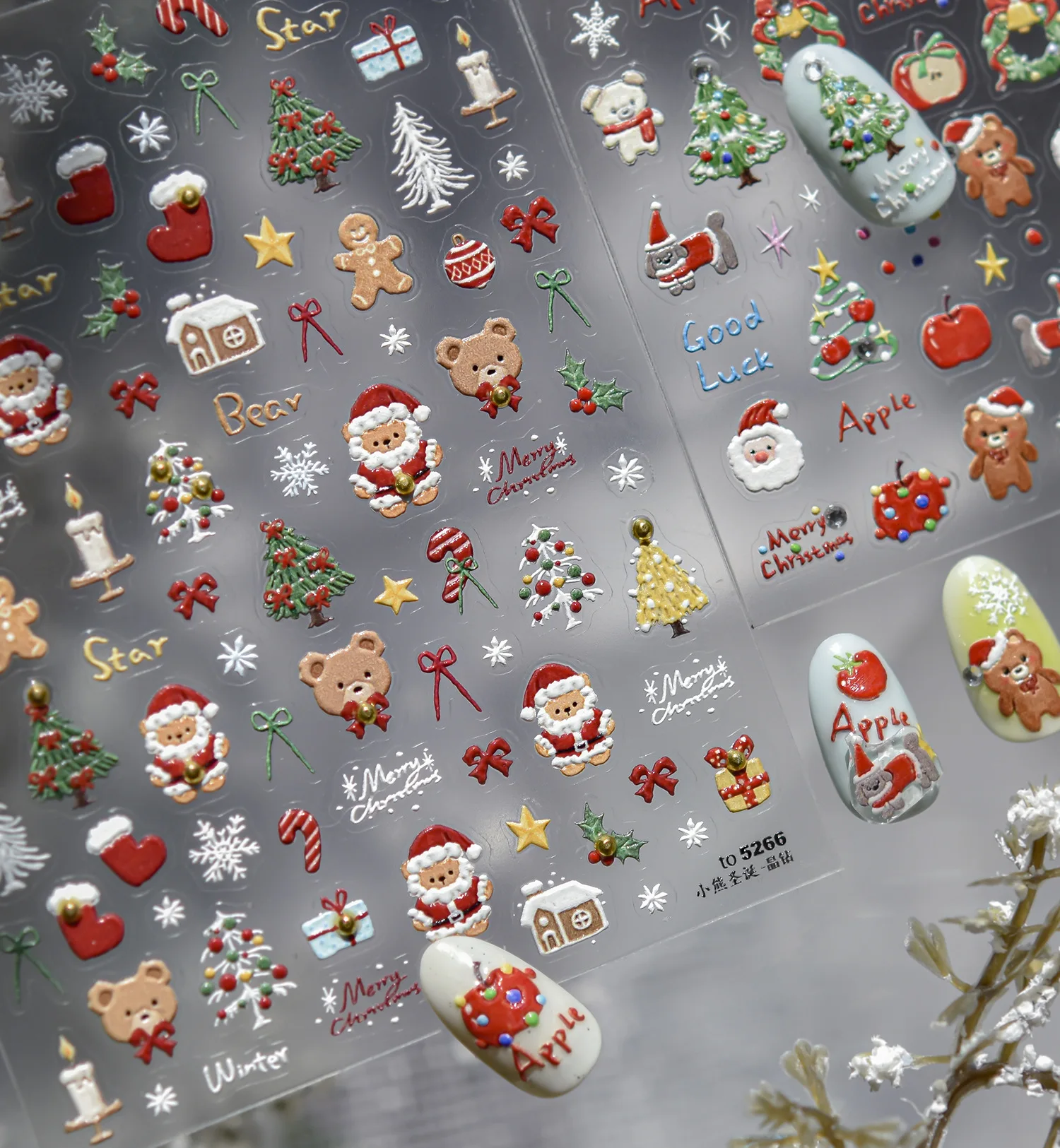 ฤดูหนาวต้นคริสต์มาสหมี Apple Dog House เทียนพวงหรีด Snowman Star Snowflake Santa Claus คริสตัลบอลสติ๊กเกอร์เล็บ Decal
