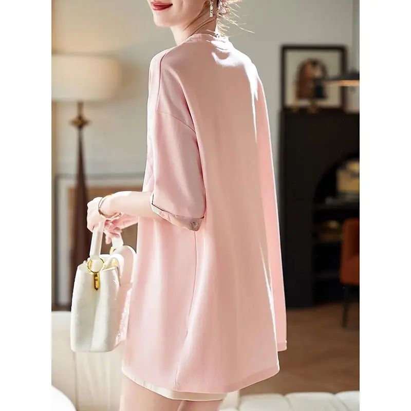 Korean Fashion Summer New Women's O-Neck Letter Embroidered Frog Temperament Casual Loose Short Sleeve Mid-length T-Shirts Tops