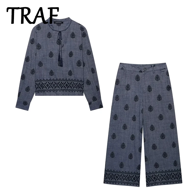 

TRAF Wide Leg Pants Set Women's 2 Pieces 2025 New Fashion Embroidery Tops High Waist Trousers Casual Set Two Piece Women Outfit