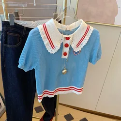 New 2024 Korean Fashion Polo Collar Women Sweaters Vintage Elegant Striped Bottoming Knit Shirt Women Summer Thin Pullovers Tops