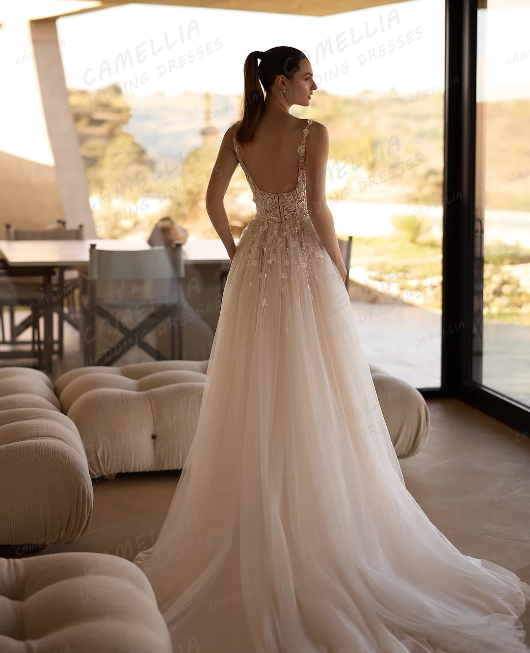 Elegant A Line Wedding Dresses Women's Appliques Lace Tulle Bridal Gowns Sleeveless Backless Split Vestidos De Novia Customized