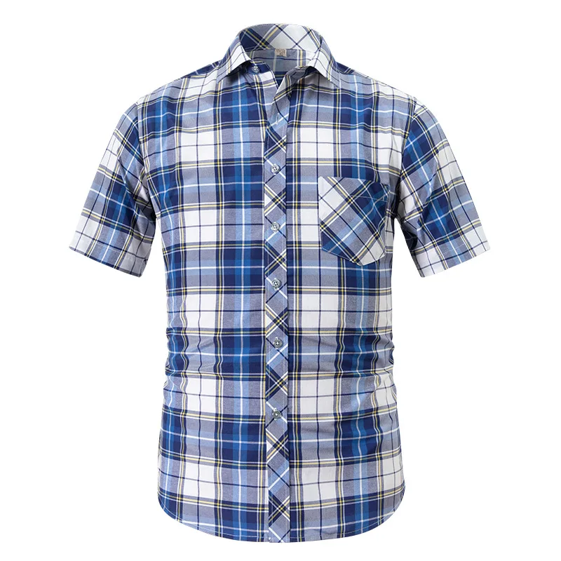 New Mens Shirt Short-sleeve Summer Fashion Leisure Design Plaid Slim Dress Formal Social Shirts Soft Button Down Male Clothes