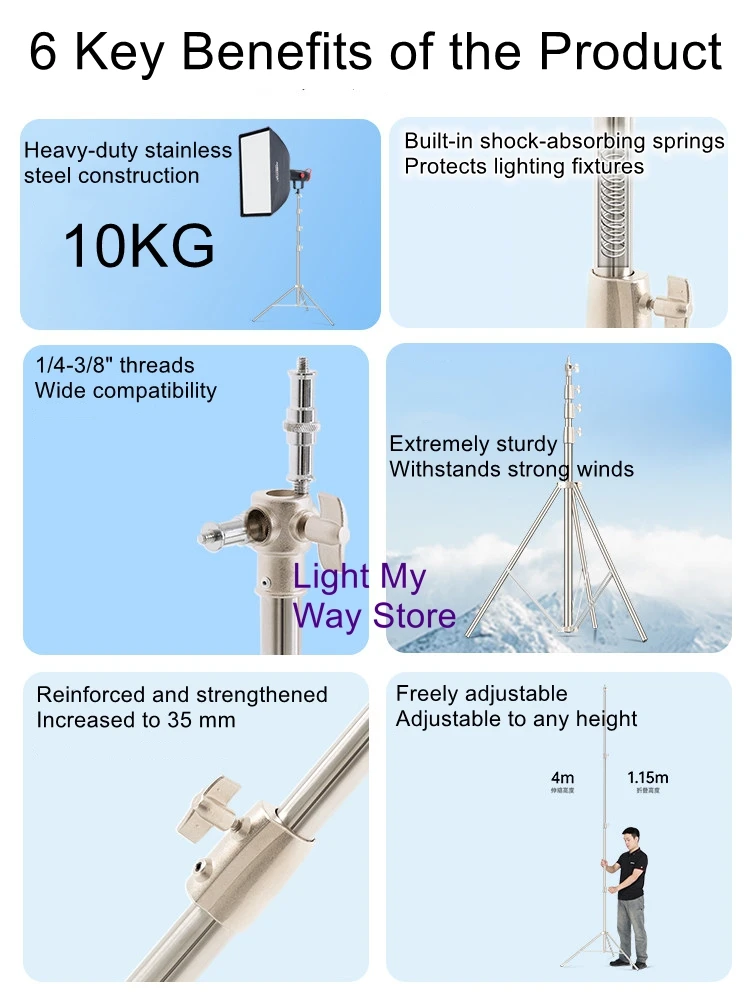 4-meter Stainless Steel Photography Light Stand, Studio Fill Light, Portable, Foldable, Telescoping, Sturdy Heavy-Duty Tripod