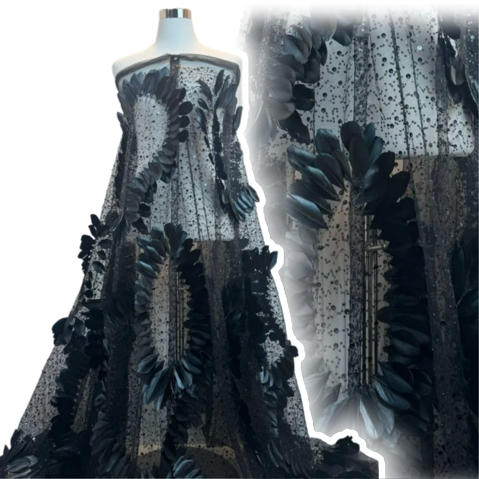 Новейшая уникальная африканская 3D цветочная кружевная ткань ручной работы с бисером, 2025 французская сетчатая кружевная ткань с блестками для свадебных платьев SZ1595