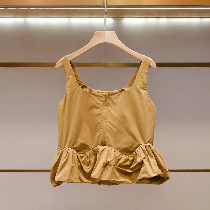 HKSH Women Camisole Top High-End French Style Elegant Fashion Ruffle Trim Pleated Solid Color Chic Niche Sleeveless Vest HK26496