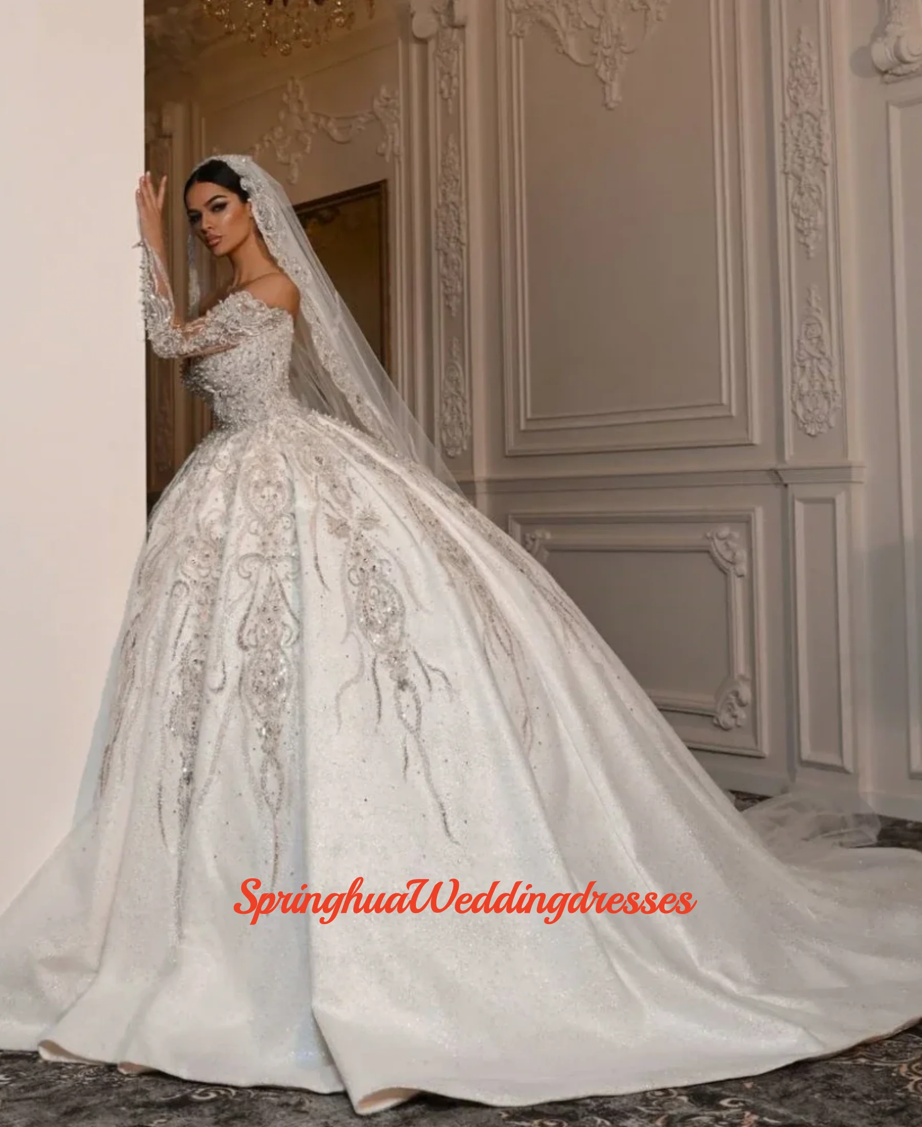 Customzied Princess Beaded  Wedding Dress Charming Sweetheart Neck Bridal Gown  Shiny Off Shoulder Dresses For Bride Vestido de