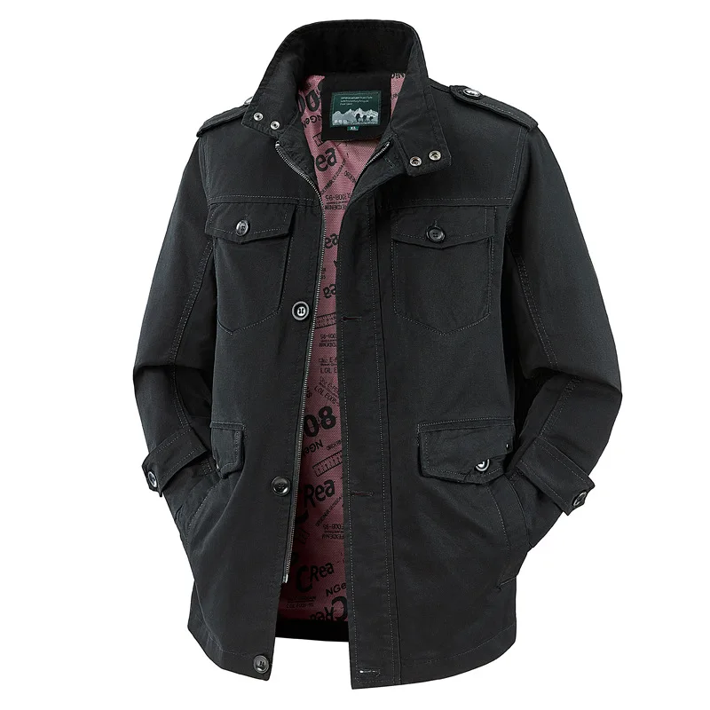 Men Army Green Khaki Black Solid Color Loose Fit Multi Pockets Turn-down Collar Single Breasted Casual Simple Basic Daily Coats