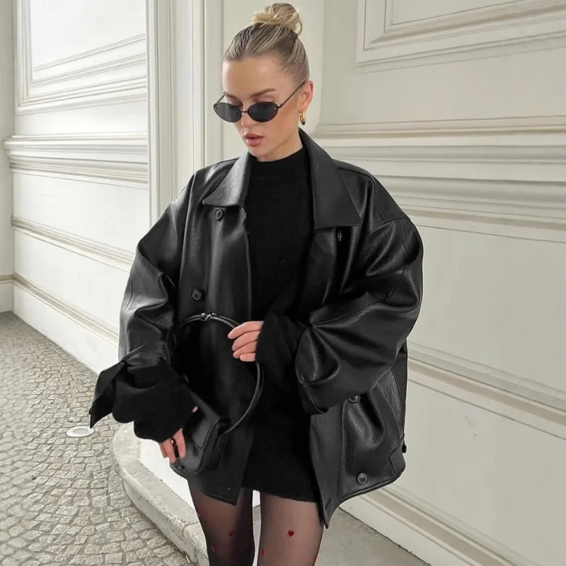 2024 new women's clothing European and American style winter retro brown leather jacket loose suit collar leather jacket