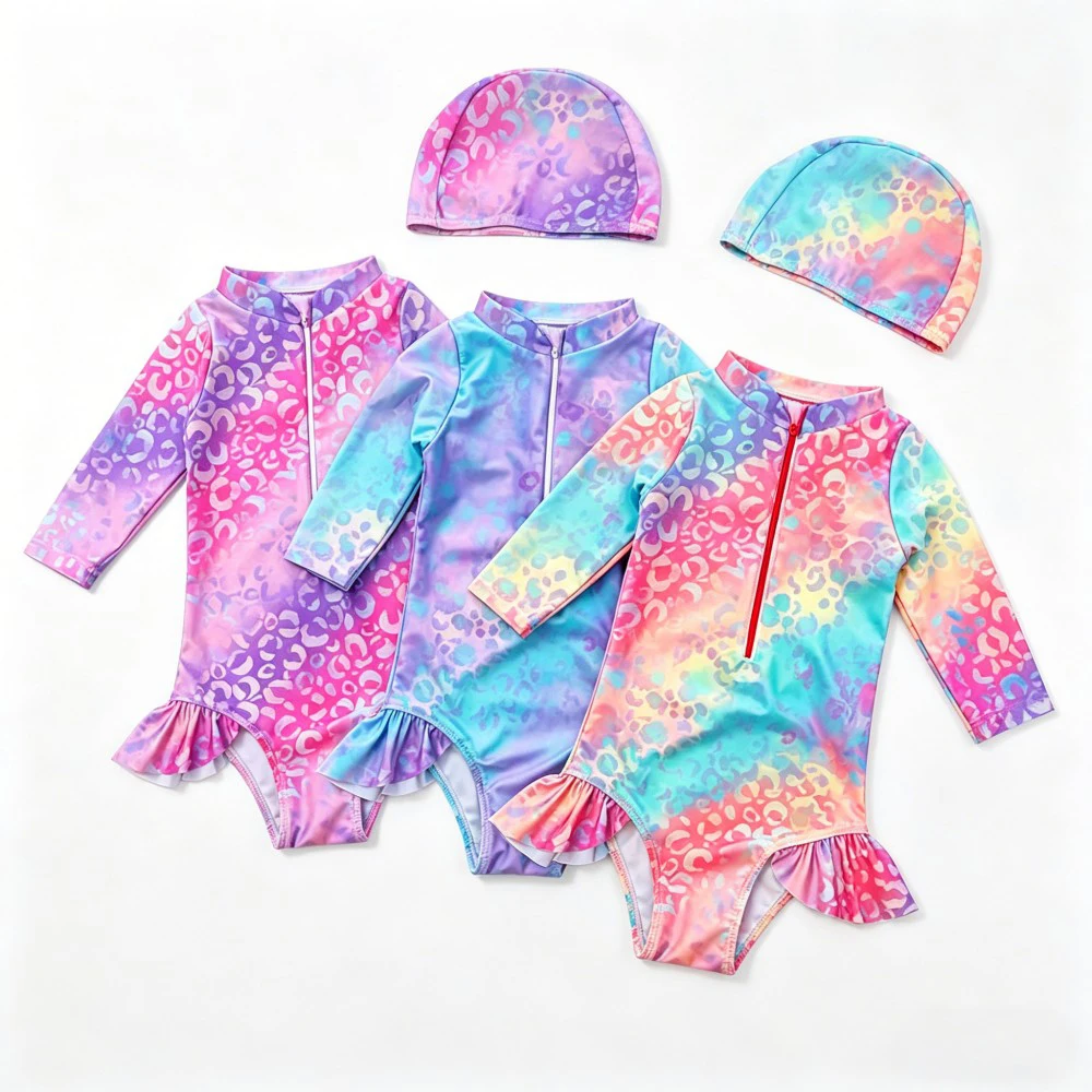 

Kids Girls Long Sleeve One Piece Swimsuit Ombre Leopard Print Zipper Front Swimwear Quick Dry Beach Bathing Suit with Swim Cap