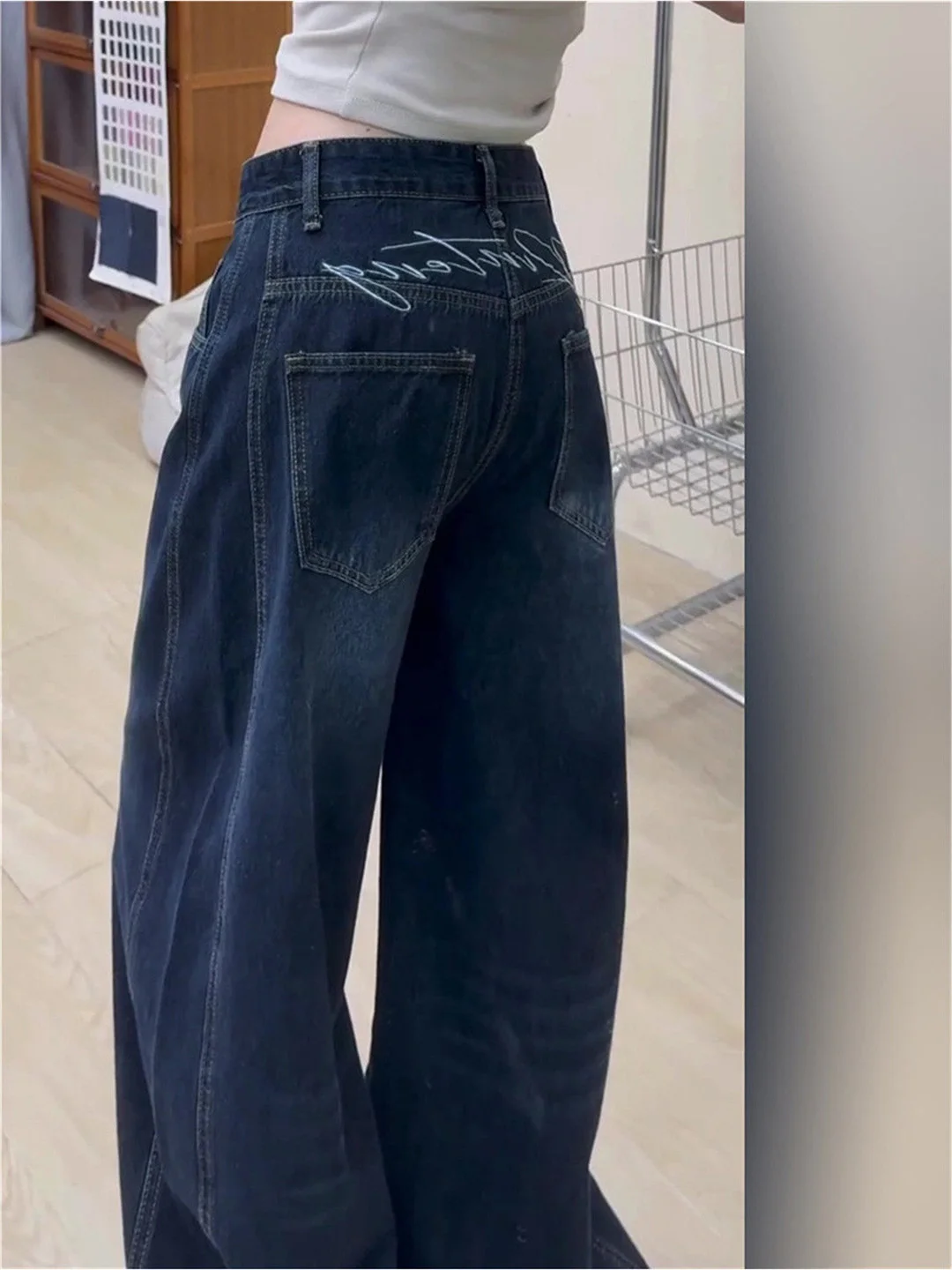 

Summer New plus Size Deep Blue Embroidered Wide Leg Jeans Women's BF Style Casual Vintage High Waist Denim Pants