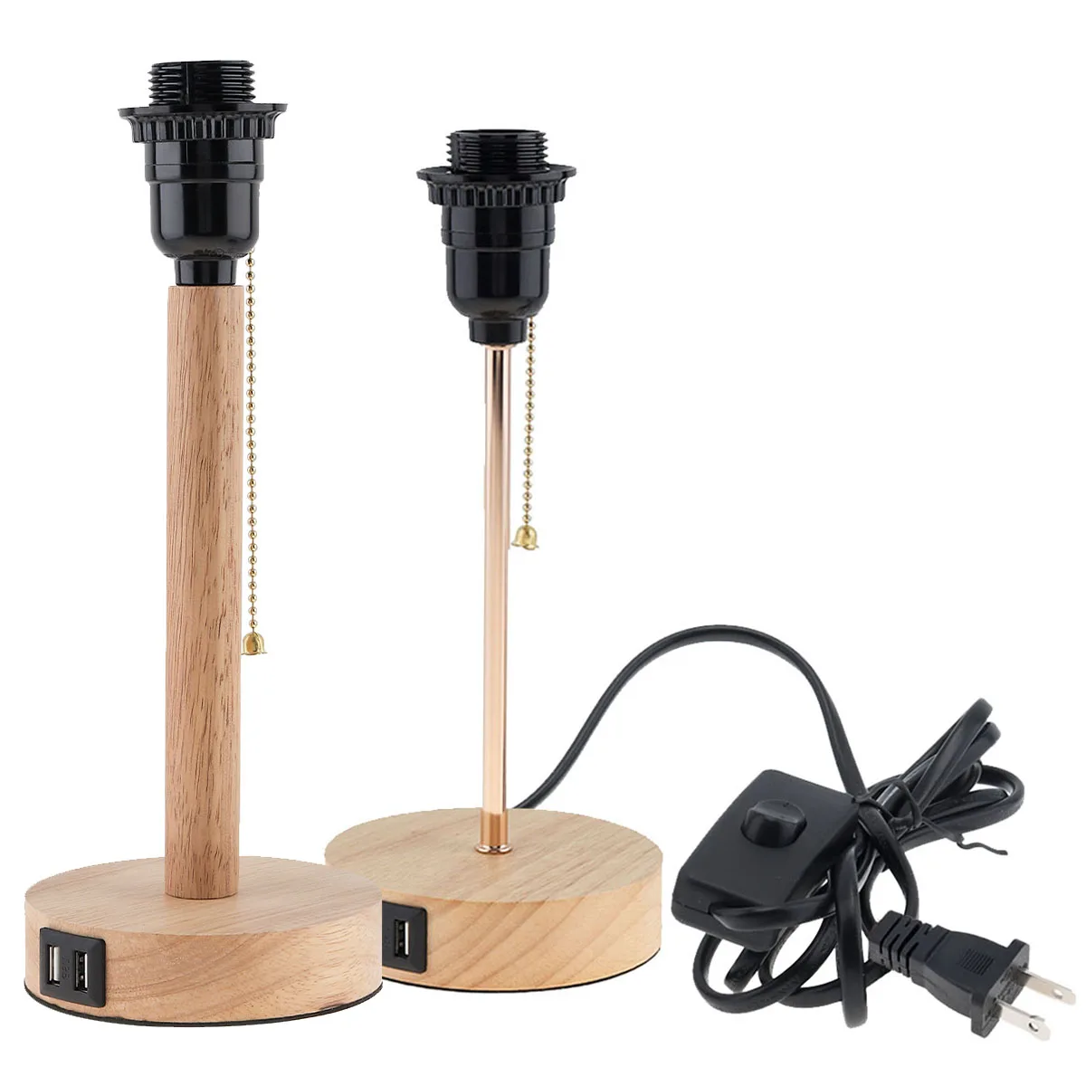 Wood Table Lamp Base Holders 2.3m 3m E27 E26 Socket Switch Wire Bedside Lamp Holder with USB Charging Ports for Home Lighting