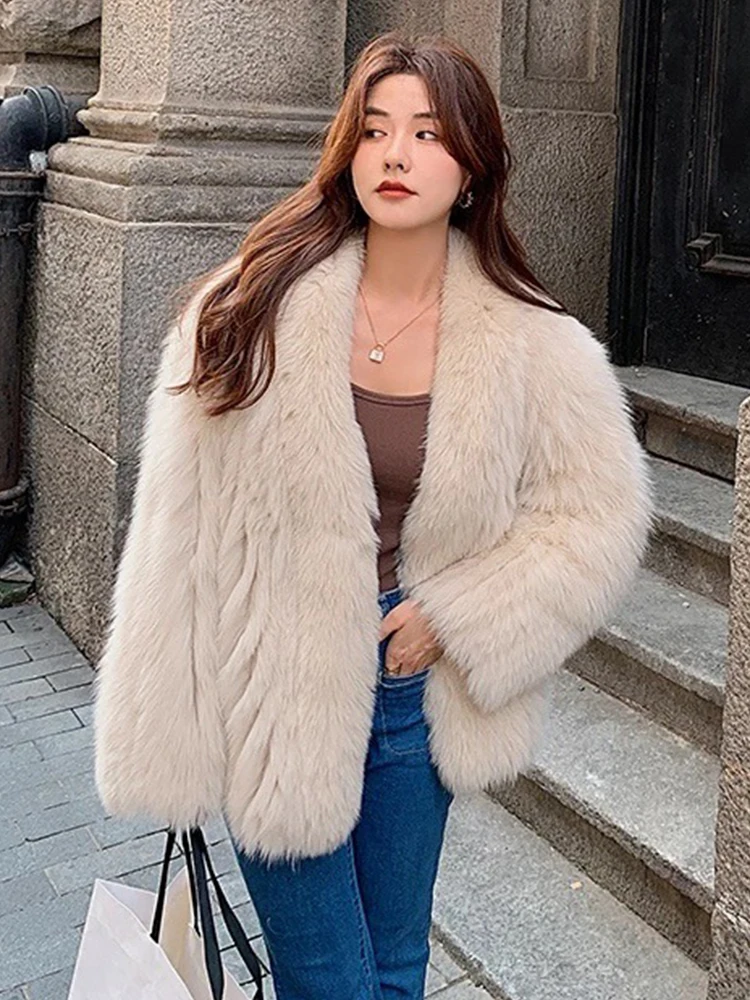 

Women Winter Thick Warm Fluffy Real Fox Fur Strip Sewed Toghter Oversize Loose Winter Real Fox Fur Overcoat