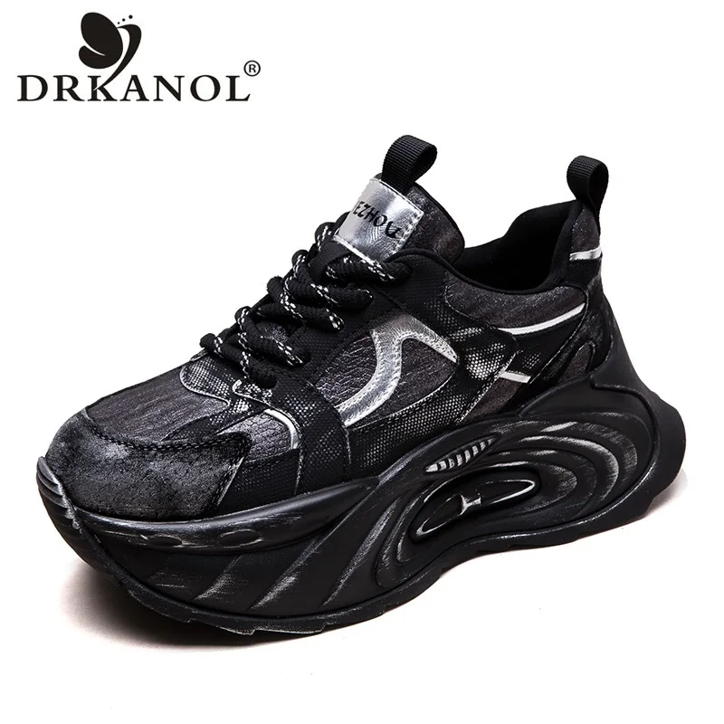 DRKANOL 2026 Autumn Women Chunky Platform Casual Sneakers Mixed Colors Lace-Up Thick Sole Height Increasing Make Old Dad Shoes