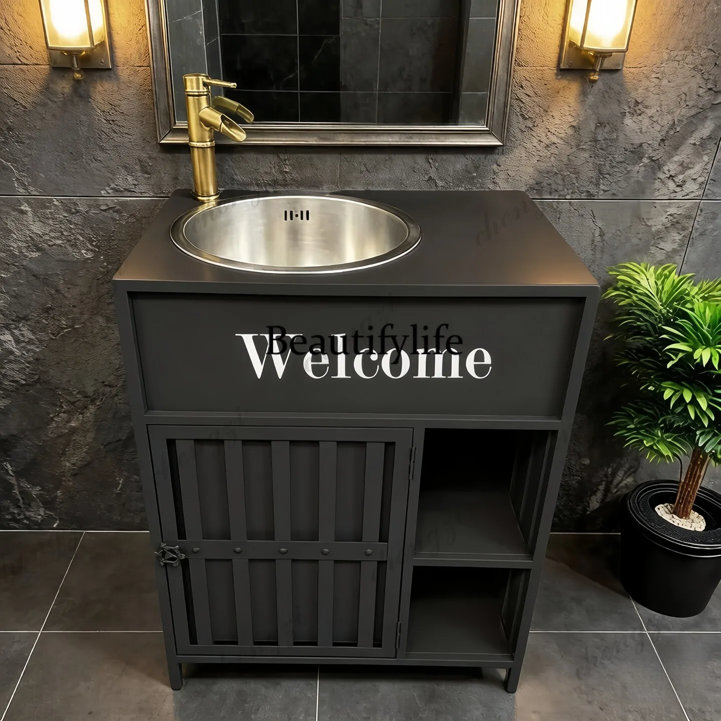 Industrial wind stainless steel hand washing column basin, container hand washing, eating, storage locker integrated basin
