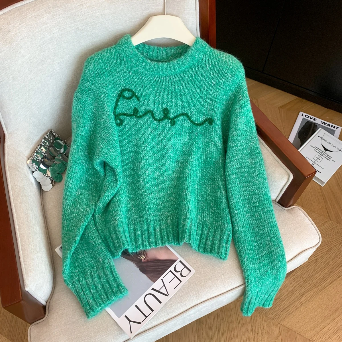 Dames groene gebreide trui O-hals trui Vintage jaren 2000 Koreaanse trui gebreide lange mouwen kasjmier trui voor dameskleding 2025